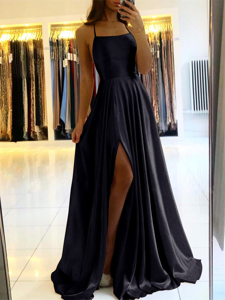 Thumbnail: Burgundy Satin Beach Maxi Women Dress for Christmas Sexy Side Slit Adjustable St
