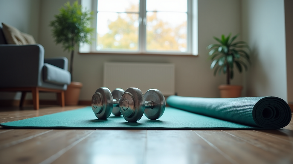 Eye-level view of a home gym setup with dumbbells and yoga mat
