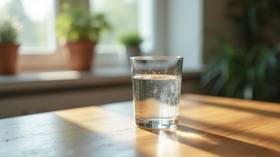 Close-up view of a clear glass of water on a wooden table
