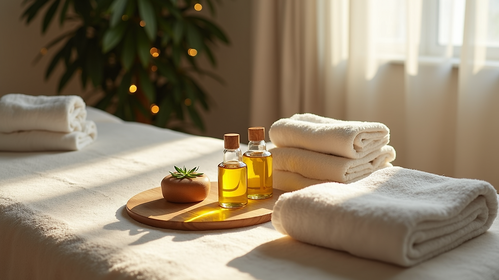 High angle view of a neatly arranged massage setup with oils and towels in a home setting