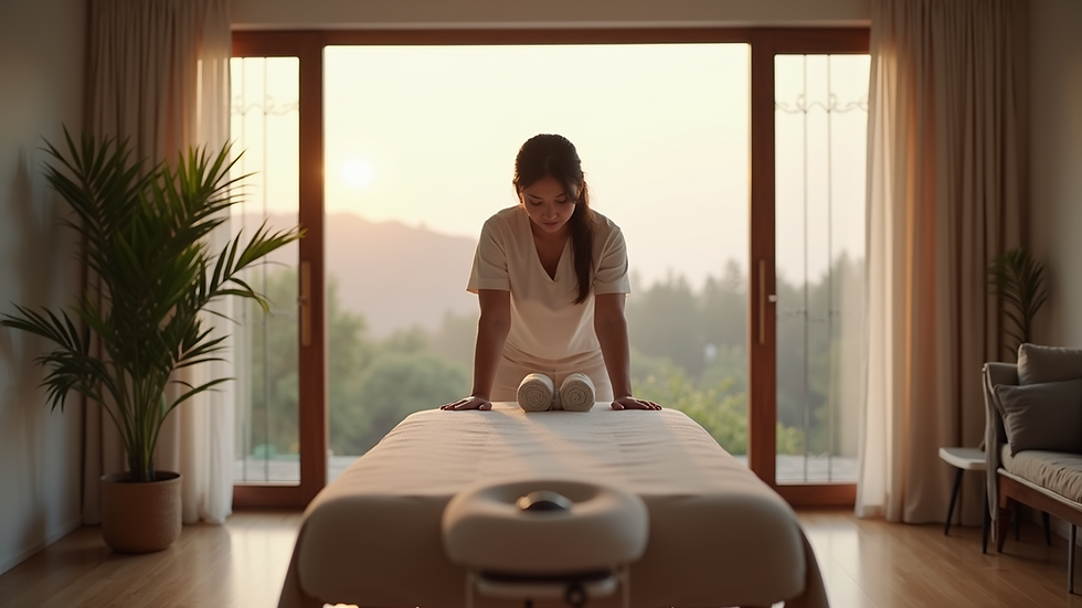 Eye-level view of a massage therapist setting up a portable massage table in a cozy living room