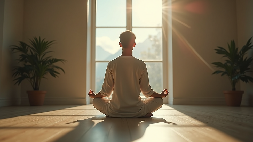 Eye-level view of a person meditating in a serene environment