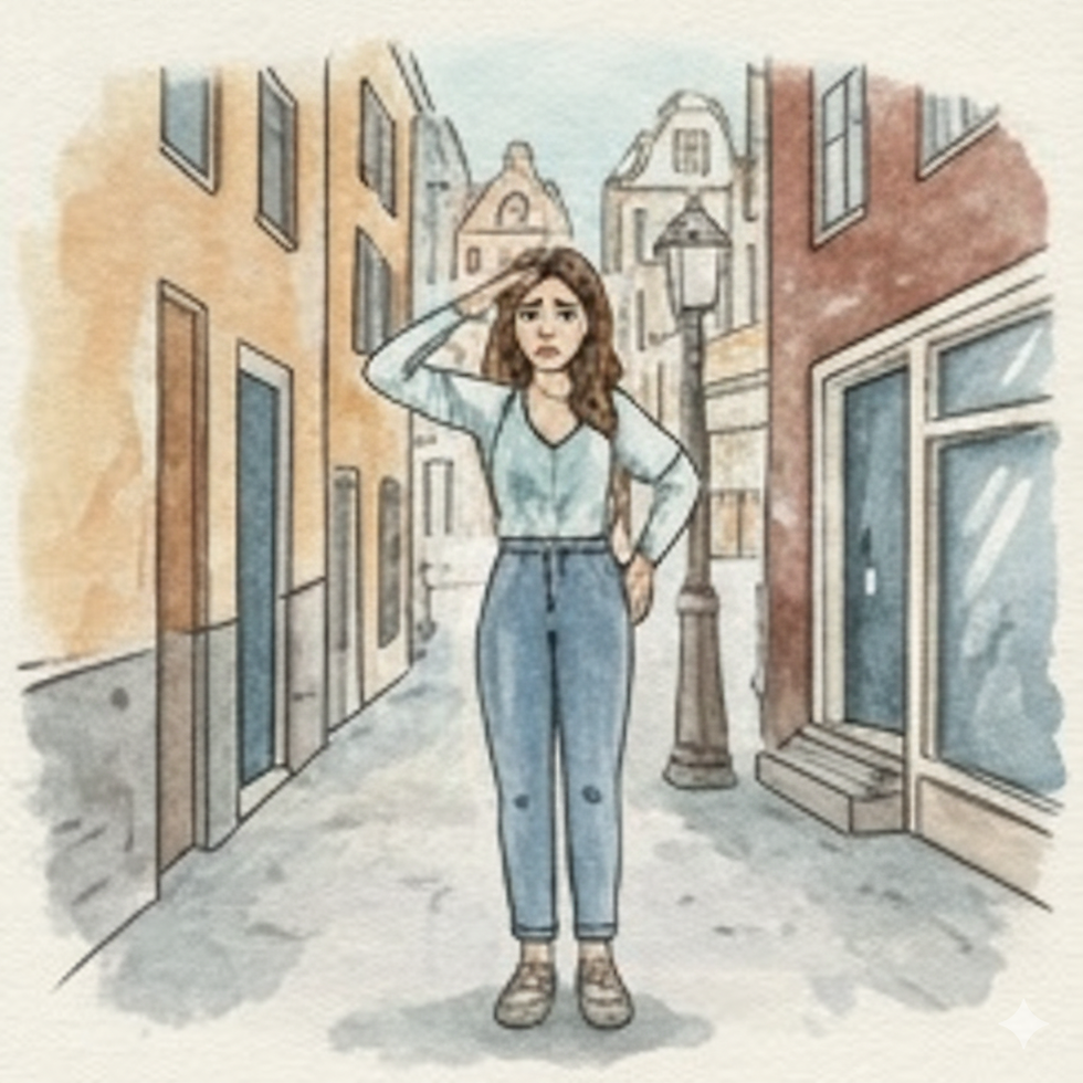 אישה עומדת ברחוב צר, מביטה בדאגה. היא לובשת חולצה תכלת וג'ינס. הרקע הוא עיר עתיקה.