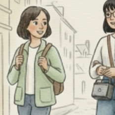 אשה בשיער שחור ומשקפיים עם רמקול מחובר לאוזניה מטיילת בעיר עתיקה עם עוד אשה