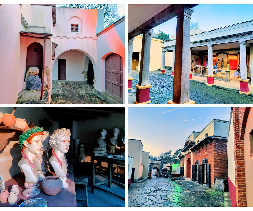 כפר בסגנון רומי עתיק עם שבילי אבן, פסלים ועמודים. פסלי ראש וכלי חרס מוצגים. אור ערב חמים, אווירה שלווה.