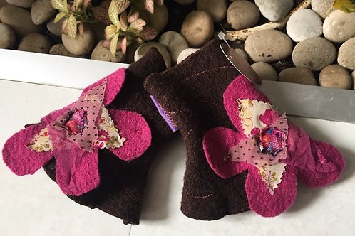 Mitaines Courtes Marron Fleur Rose