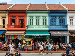 Colorful shophouses with diners and pedestrians on a lively street.