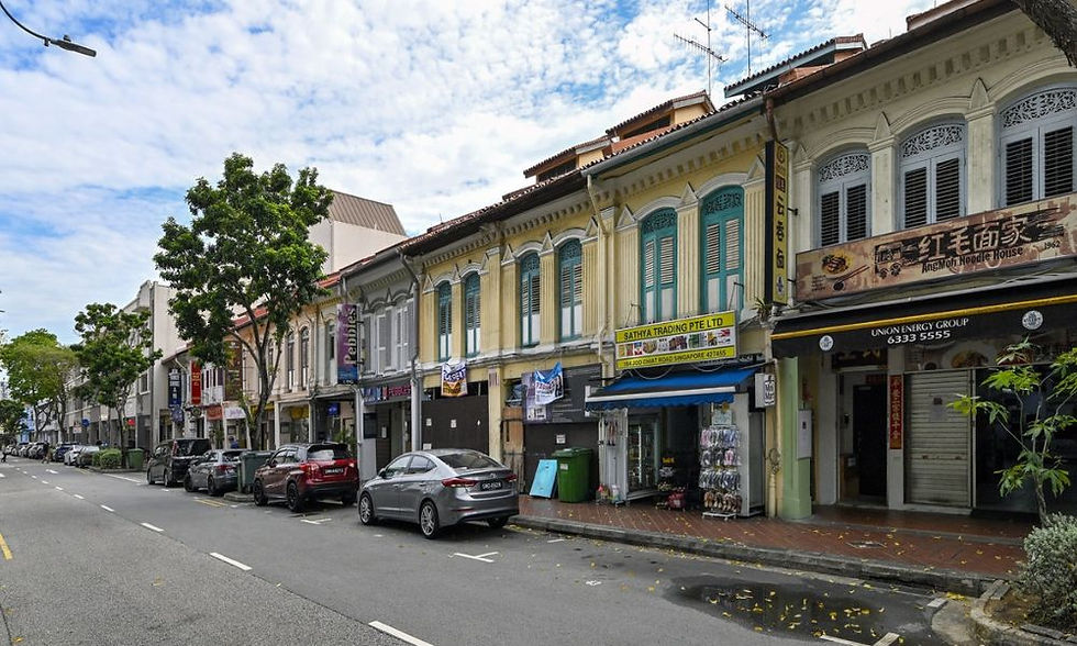 Colorful heritage shophouses on a quiet Joo Chiat street with parked cars and signs for Ang Mo Noodle House and Sathya Trading Pte Ltd.