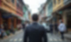 Illustration of an investor scouting an active shophouse district with active frontages