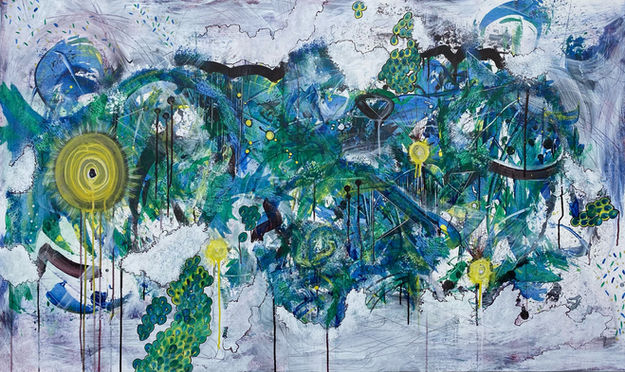 Twilight on Nob Hill, twilight painting, green and blue painting, cloud painting, purple painting, sun painting, glowing art, colorful art, colorful painting, abstract art, large painting, abstract painting, acrylic painting, fine art, Los Angeles artist, art for sale, collectable art