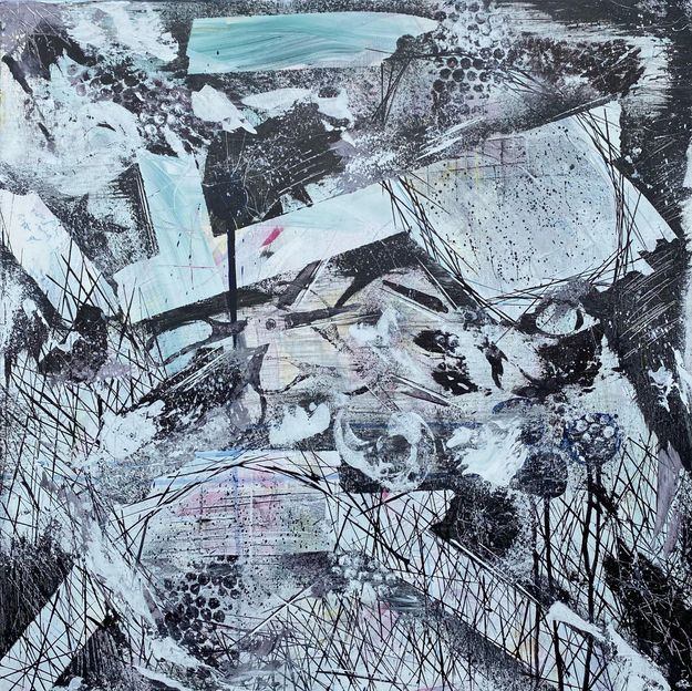 Yin-yang, Brianna Young Art, black and white painting, teal painting, dark painting, scary painting, eerie painting, interior decorating, fine art, fine art painting, circular painting, colorful art, colorful painting, abstract art, large painting, abstract painting, acrylic painting, Los Angeles artist, art for sale, collectable art, energetic painting