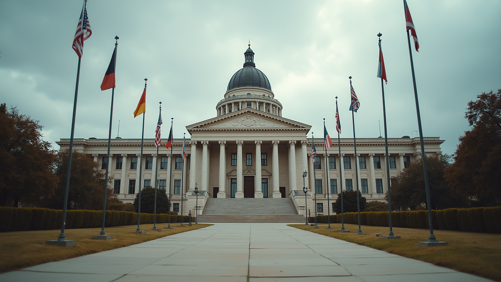 High angle view of a government building with flags