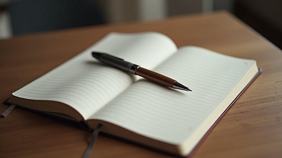 High angle view of a journal and pen on a wooden table for self-reflection
