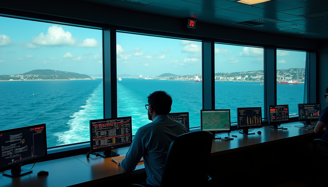 High angle view of a control room with multiple screens displaying maritime traffic and pilot dispatch data