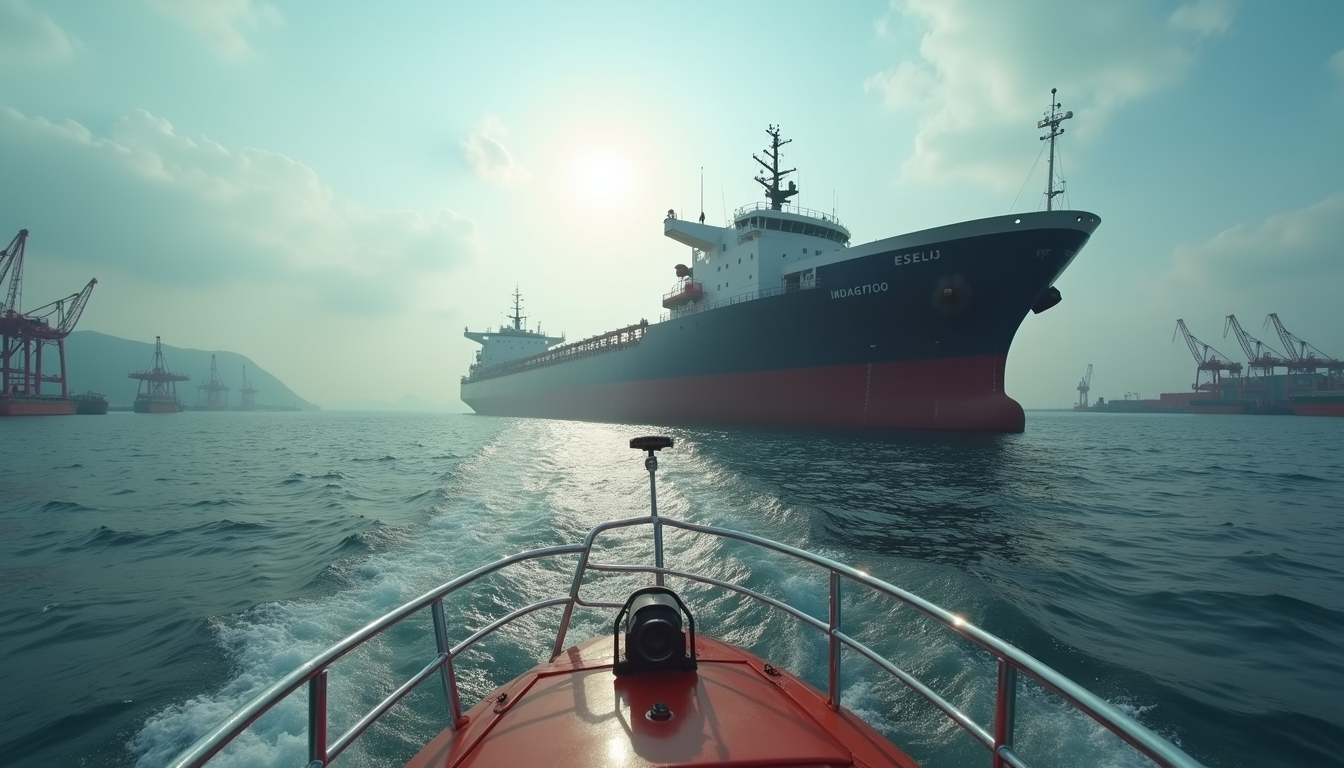 Eye-level view of a pilot boat approaching a large cargo ship in a harbour