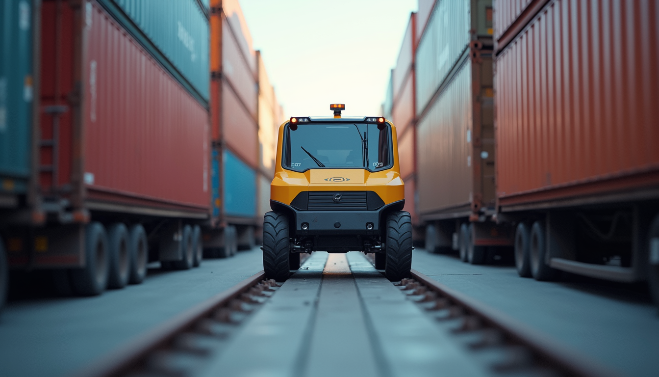 Eye-level view of an automated guided vehicle transporting containers in a port