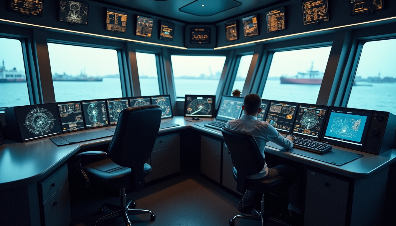 High angle view of a port control room with digital marine platform displays