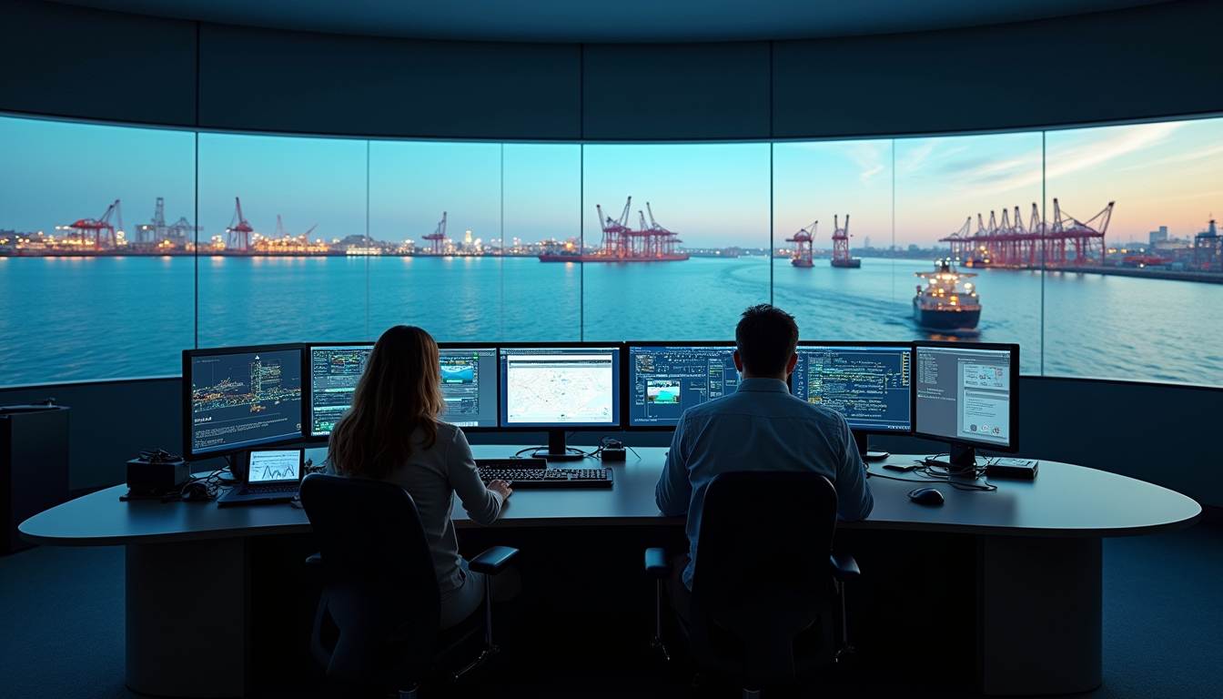 Eye-level view of a digital control room with multiple screens showing port operations