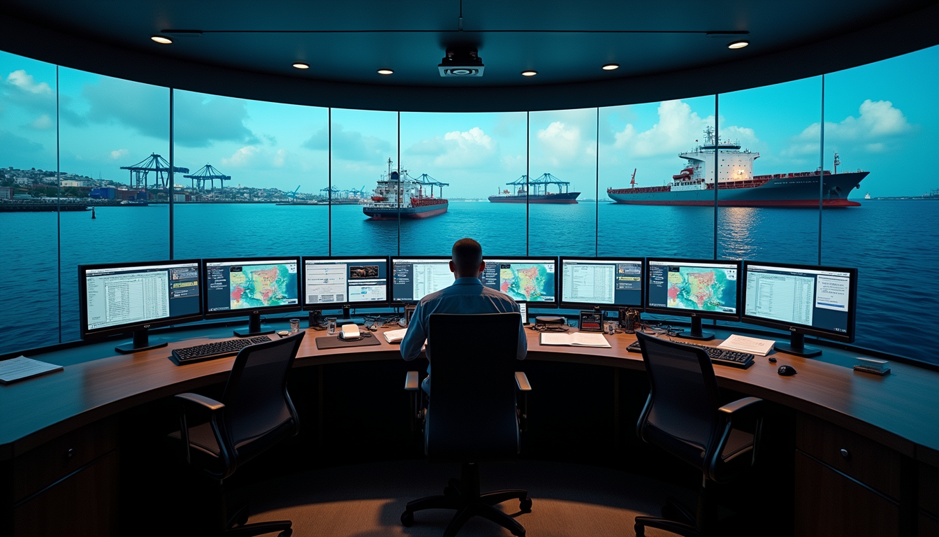 High angle view of a port control room with multiple screens displaying vessel and cargo data
