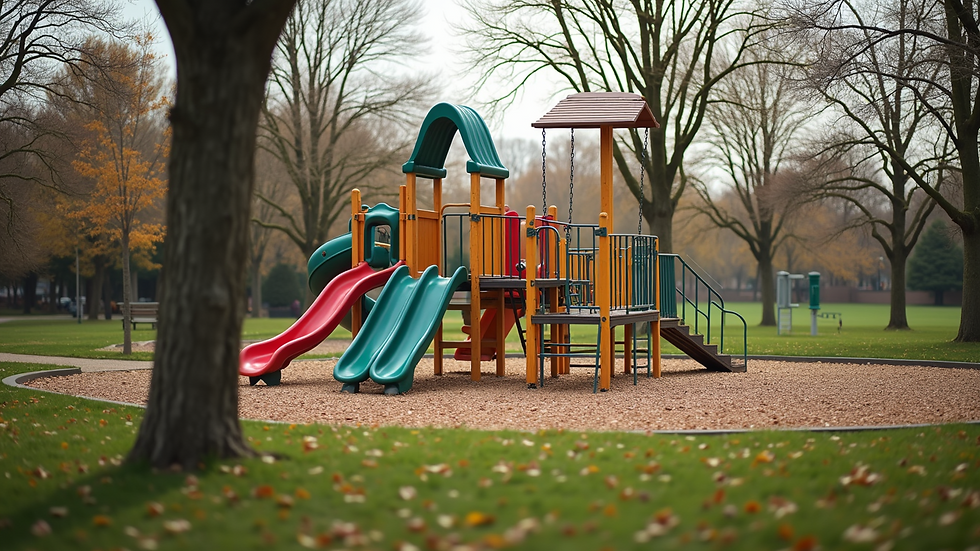 Wide angle view of a children's playground in Klotzville Park