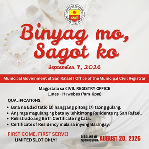 ‘Binyag Mo, Sagot Ko 2026’ ng San Rafael, Bukas Na sa mga Nais Magpatala