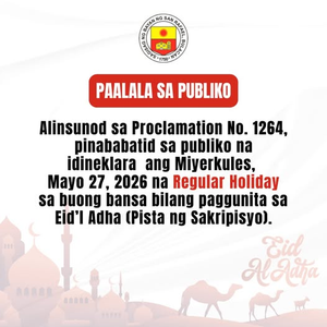 Walang Pasok: Pamahalaang Bayan, Nakikiisa sa Paggunita ng Eid’l Adha Ngayong Miyerkules
