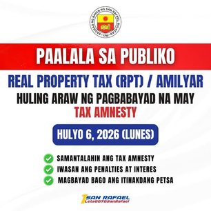 Huling Araw ng Tax Amnesty sa San Rafael, Itinakda sa Hulyo 6