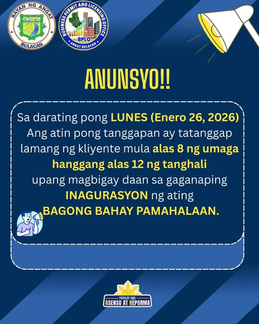 BPLO/BOSS Operations sa Angat, Half-Day Lamang sa Enero 26 para sa Inagurasyon ng Bagong Munisipyo