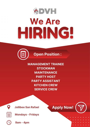 BEE Hired: Jollibee San Rafael, Nag-anunsyo ng Malawakang Hiring para sa Iba't Ibang Posisyon