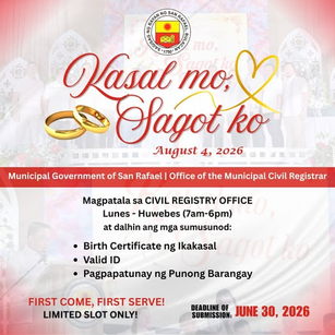 Slots para sa 'Kasal Mo, Sagot Ko 2026' sa San Rafael, Bukas na para sa Aplikasyon