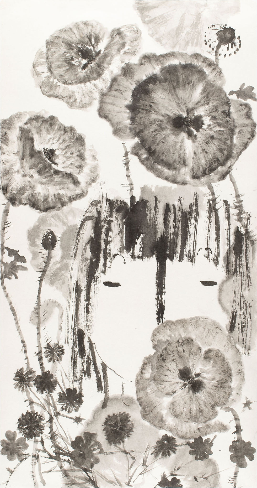 아이와 꽃(양귀비2), 143x75cm, 한지에수묵, 2025