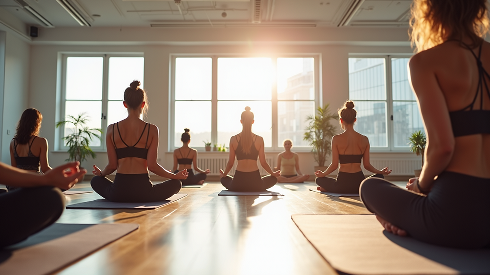 Eye-level view of a group of employees participating in a yoga class in a bright office space