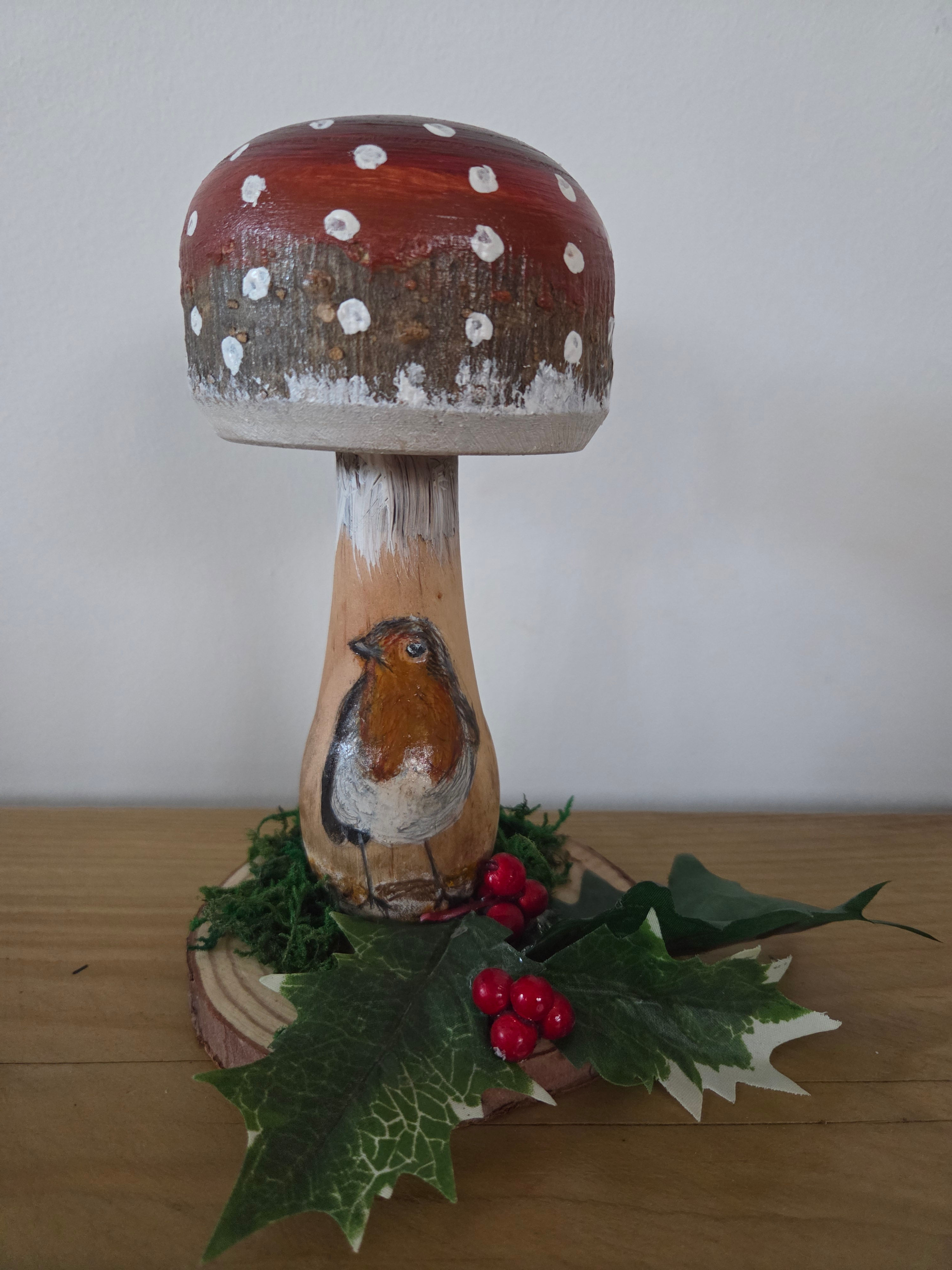 Limited edition small wooden mushroom with stand Robin