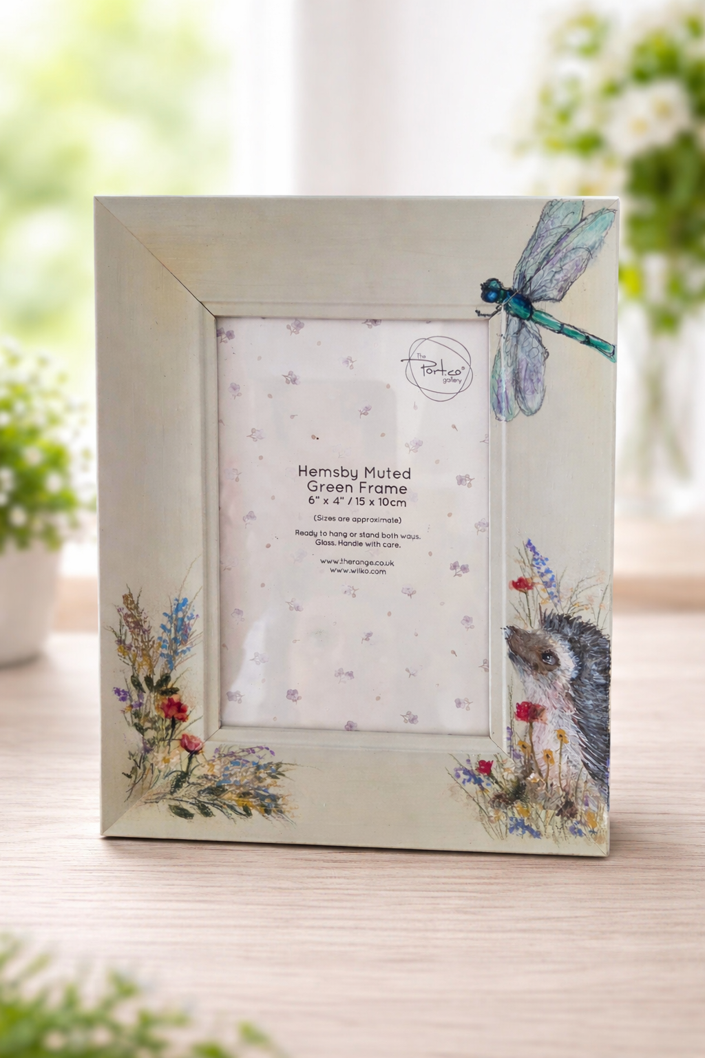 Hand-painted photo frame hedgehog and dragonfly