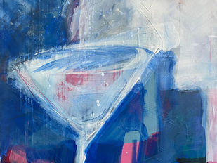 Abstraktes Gemälde in Blautönen mit einem angedeuteten Glas in der Bildmitte. Die Komposition zeigt fließende, geschichtete Farbebenen in Blau, Weiß, Rosa und Dunkelrot. Lichtreflexe und Linien verleihen dem Werk eine träumerische Tiefe. Acryl auf Papier, kaschiert auf Holzkörper, 70 × 100 cm.
