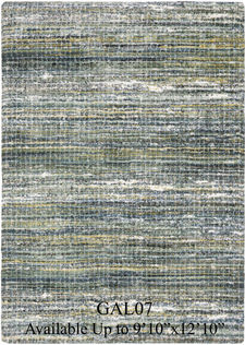 "Modern abstract area rug with soft blue, celadon green, mink brown, and saffron gold tones, featuring a plush dense pile and contemporary textured design."