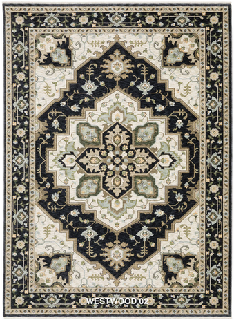 Westwood Collection transitional and modern organic area rug featuring vintage-inspired botanical patterns, space-dyed polyester yarn, and a luxurious million-point construction in earthy tones of sage, olive, powder blue, ivory, sand, blush, and soft gold for a soft, durable, designer-inspired look.
