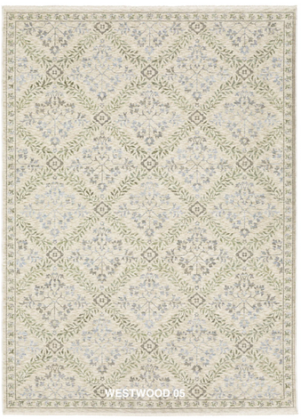 Westwood Collection transitional and modern organic area rug featuring vintage-inspired botanical patterns, space-dyed polyester yarn, and a luxurious million-point construction in earthy tones of sage, olive, powder blue, ivory, sand, blush, and soft gold for a soft, durable, designer-inspired look.
