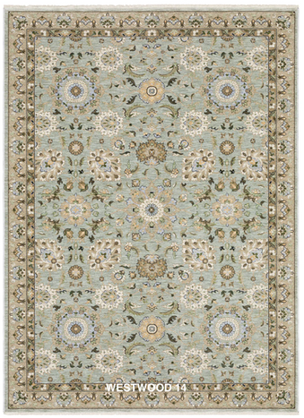 Westwood Collection transitional and modern organic area rug featuring vintage-inspired botanical patterns, space-dyed polyester yarn, and a luxurious million-point construction in earthy tones of sage, olive, powder blue, ivory, sand, blush, and soft gold for a soft, durable, designer-inspired look.
