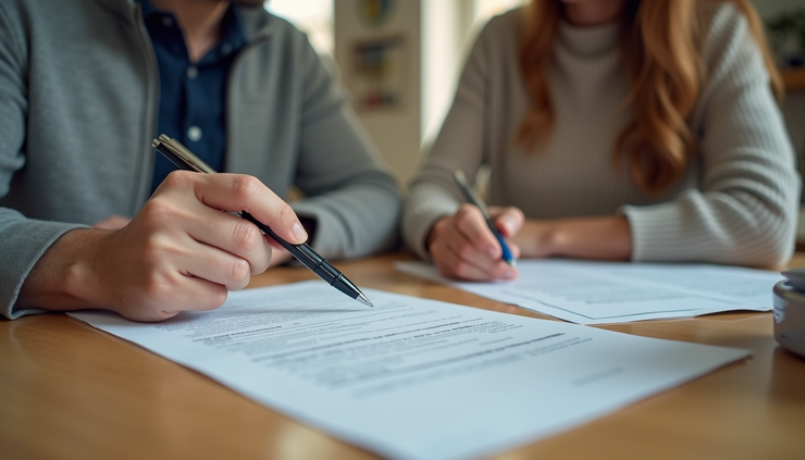 Eye-level view of a couple reviewing immigration paperwork at a kitchen table