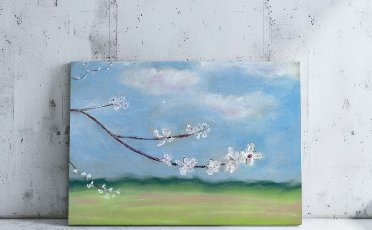 Schilderij van een landschap met bloesemtakken en een zachte voorjaarslucht langs het Pieterpad