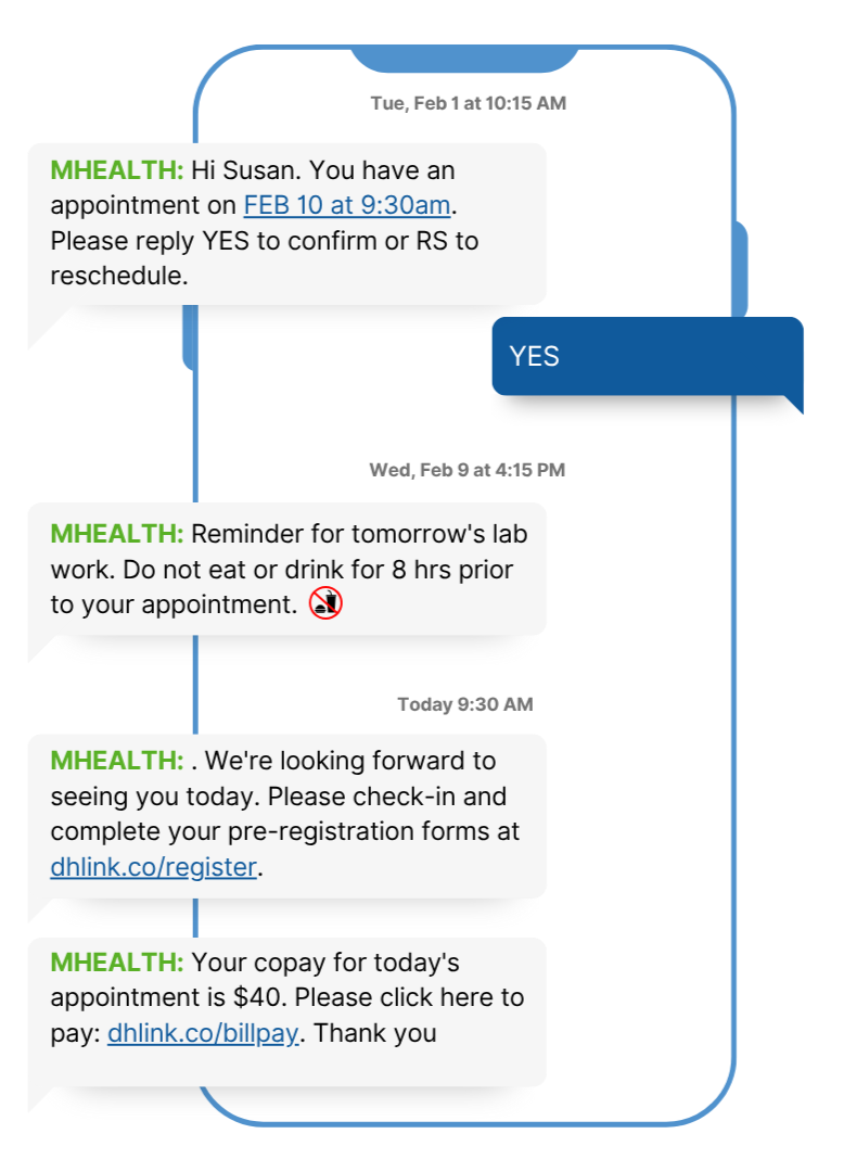 Phone screen showing text exchange for NPO reminders - don't eat or drink with emojis and links for improved compliance. Showing Healthcare SMS - Easy-to-use with Dialog Health platform.