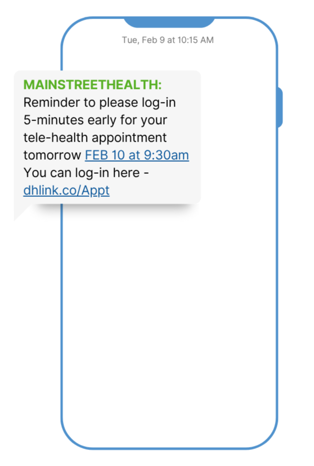 Phone screen showing text exchange for telehealth appointment with links. Showing Healthcare SMS - Easy-to-use with Dialog Health platform.