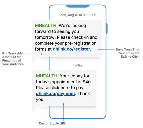 Dialog Health SMS Link Shorterner example on phoneused by top clients HCA, Amsurg and more
