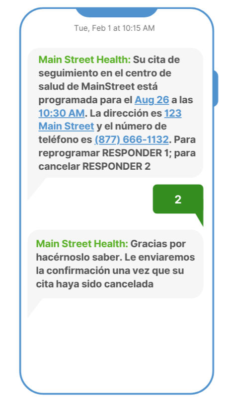 Phone screen showing text exchange with multiple languages - SMS example in Spanish. Showing Healthcare SMS - Easy-to-use with Dialog Health platform.