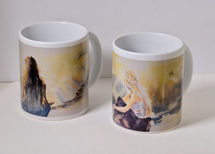 Zwei Keramiktassen mit Aquarellbildern Yoga Mädchen Motiv