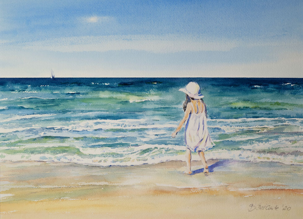 Mädchen in weissem Kleid mit Hut am Meer Aquarellbild