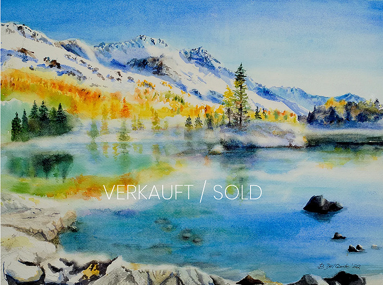 Saoseosee Herbst mit Schnee blauer See in Aquarell