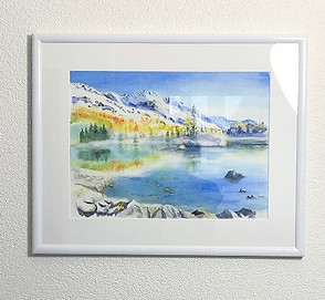 Herbststimmung Aquarellbild mit Schnee an türkisfarbenem See