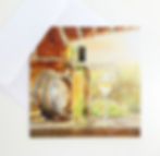 Kunstkarte Weingold Weinflaschen Glas Weinfass Aquarell